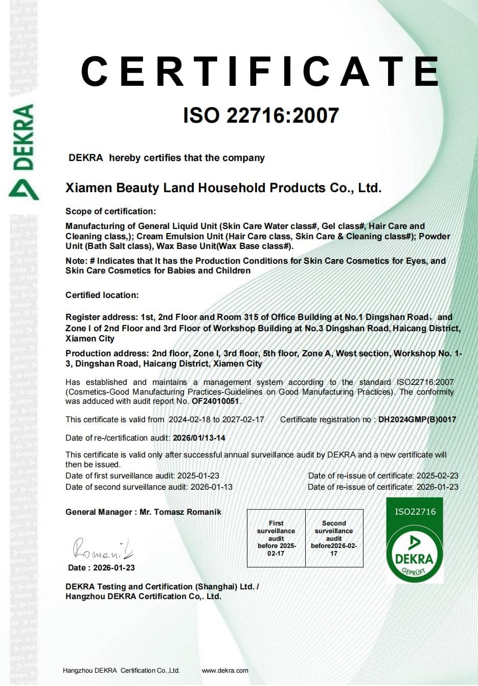ISO 22716 GMP Certificate
